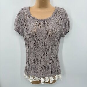 Vtg Y2K Knit Lace Hem Sweater Top M Winter Layering Indie Boho Natural Fibers